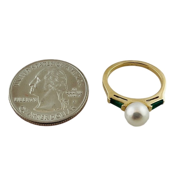 14K Yellow Gold Cultured Pearl Lab Created Emerald Ring Size 5 #15676 - Picture 2 of 9